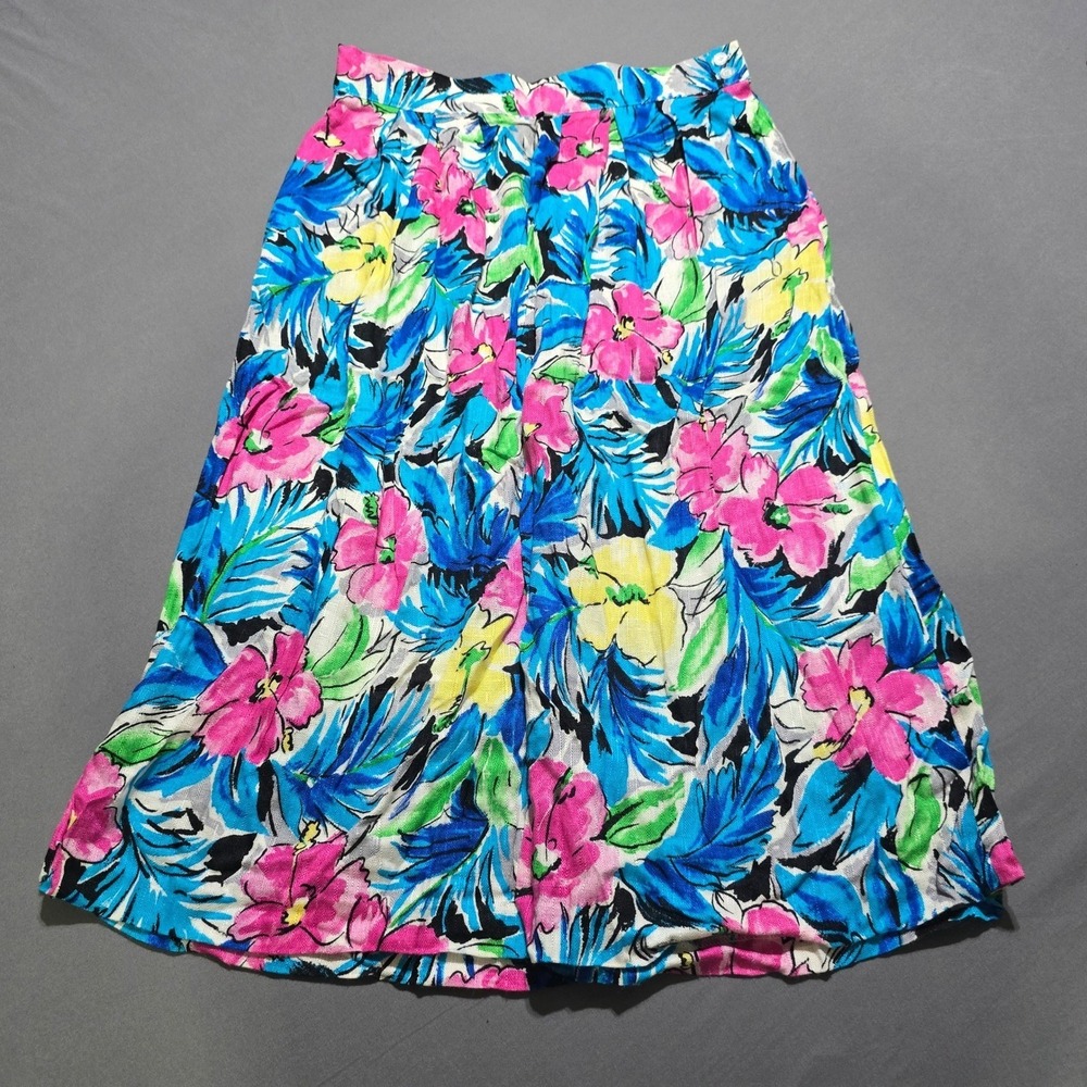 Vintage Tropical Floral Midi Skirt Bright Pink Blue Hawaiian Resort Wear 14